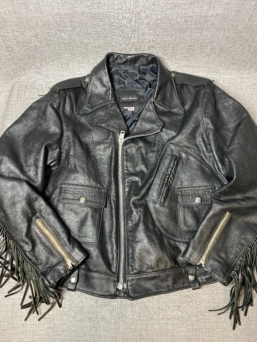 VTG Steer Brand Leather Motorcycle Jacket with Fringe